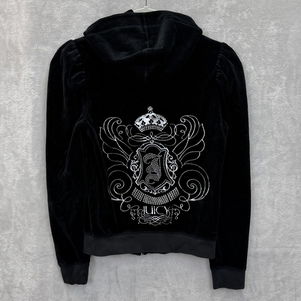 Juicy Couture Hoodie Womens S Black‎ Velour OG Silver Rhinestone Crest Zip Y2K